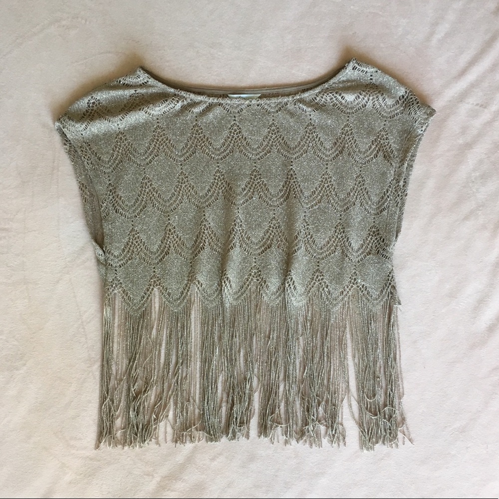Kirra Metallic Gold Fringe Shimmer Boho Festival Evening Knit Top, Size M - Picture 5 of 5